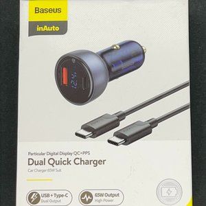 NIB Baseus vckx65c 65W dual car charger USB-C USB-A Macbook 65W w/cable